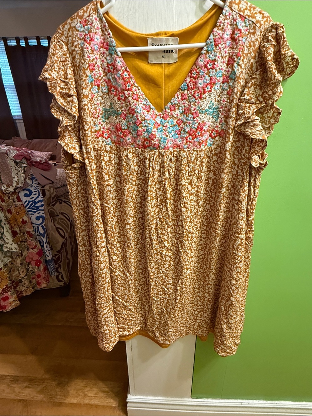 Savanna Jane Mustard Yellow Floral Embroidered Ruffle Dress